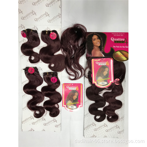 Best selling, Brazilian body wave 4pcs synthetic hair weaving bundles with 1pc synthetic closure,Quattro indian curl blend hair